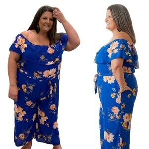A Beautiful Soul Jumpsuit Womens Blue Floral Ruffled Off The Shoulder Neck